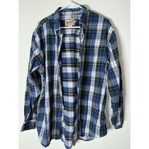 Woolrich Plaid Light Flannel Shirt Button Up Blue Green Long Sleeve Size X LARGE